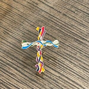 Vintage Cross Made of Different Colored Ribbons, Gold-tone & Enamel